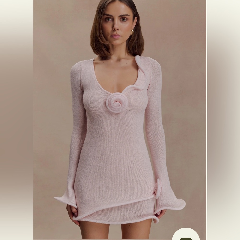 Meshki Light Pink Knit Rose-Accent Bodycon Dress